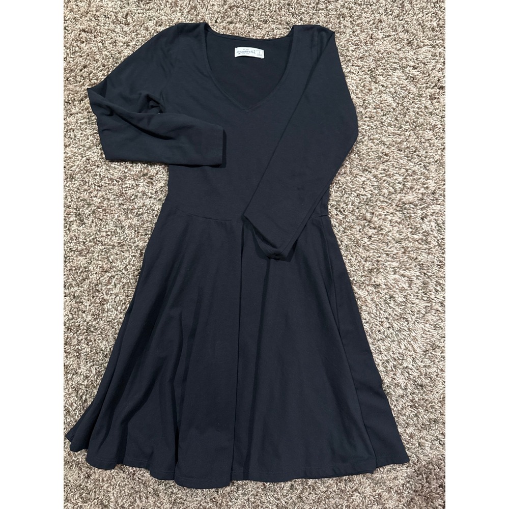 Abercrombie & Fitch Women Black Long Sleeve V-Neck Skater Dress Minimalist Small